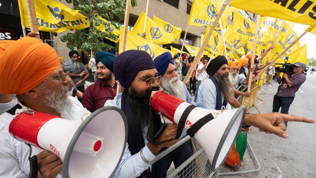 Sikhs protest for the independence of Khalistan in front of the Indian Consulate in Toronto, Canada, on July 8, 2023.