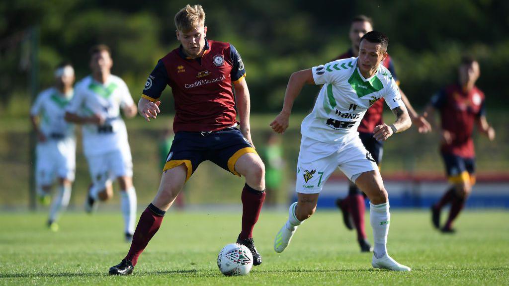 Emlyn Lewis playing for Cardiff MET against Progres Niederkorn in the Europa League