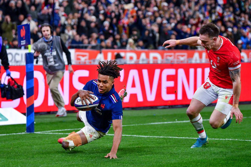 Theo Attisogbe of France scores a try during the six Nations match with Wales