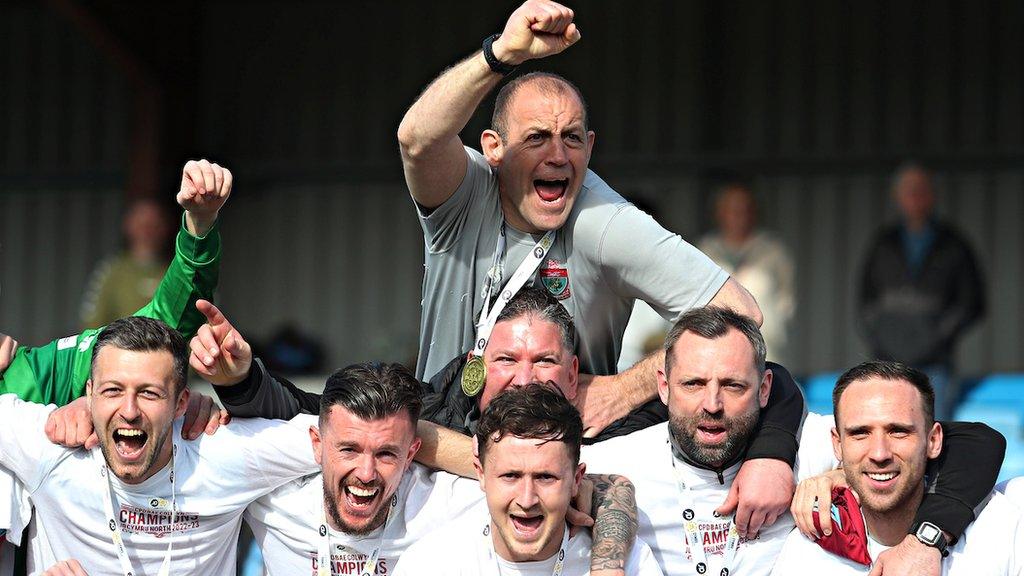 Colwyn Bay manager Steve Evans celebrates the club's Cymru North title win