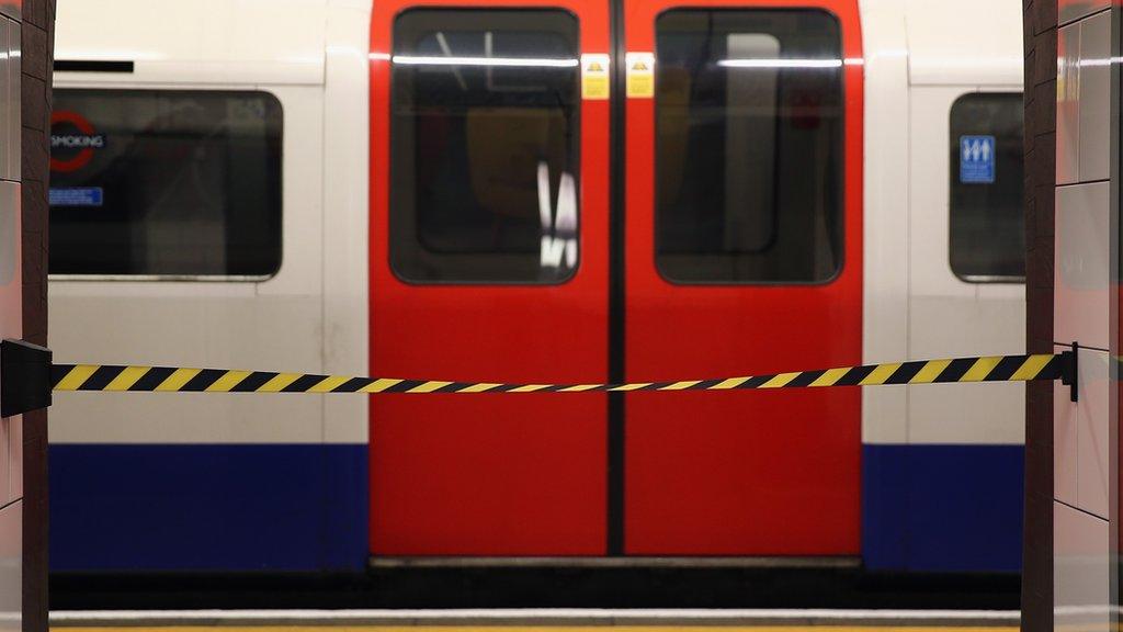 A Tube train on a roped-off platform during a previous strike