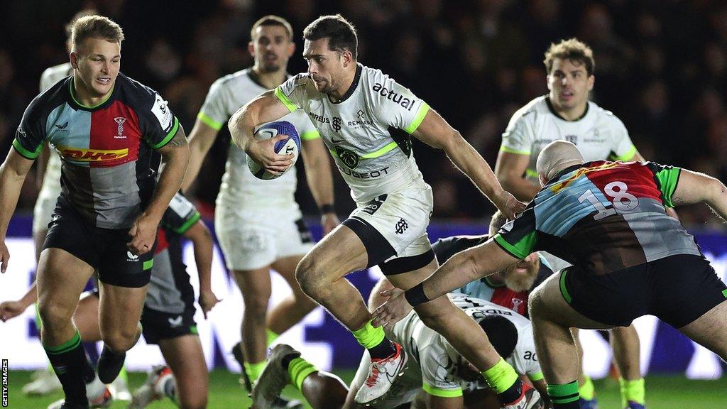 Pierre-Louis Barassi of Toulouse breaks clear to score their fifth try