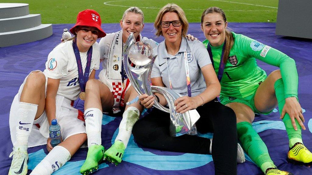 Lynne Cameron poses with the Euro 2022 trophy at Wembley