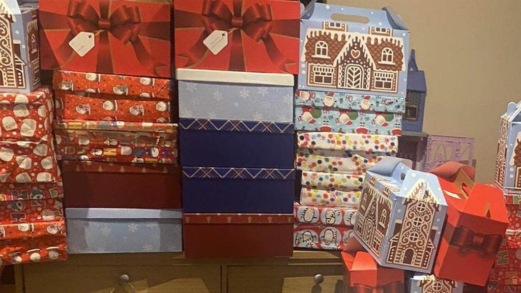 Christmas shoeboxes stracked up