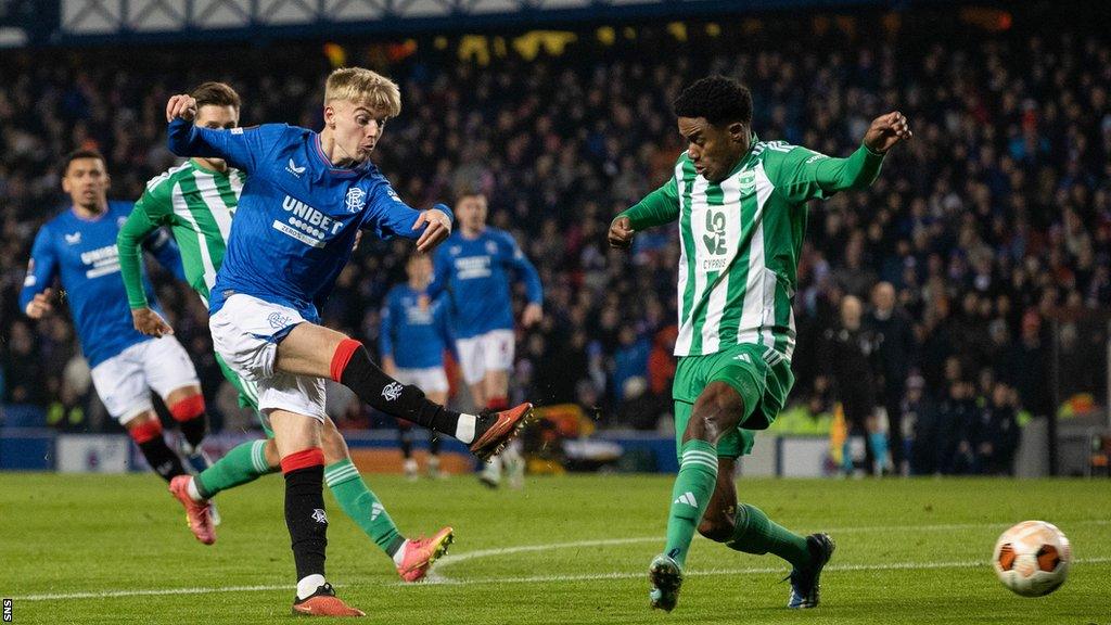 Ross McCausland scores for Rangers against Aris Limassol