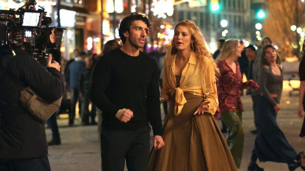 Justin Baldoni and Blake Lively are seen on the set of 'It Ends with Us' on January 12, 2024 in Jersey City, New Jersey.