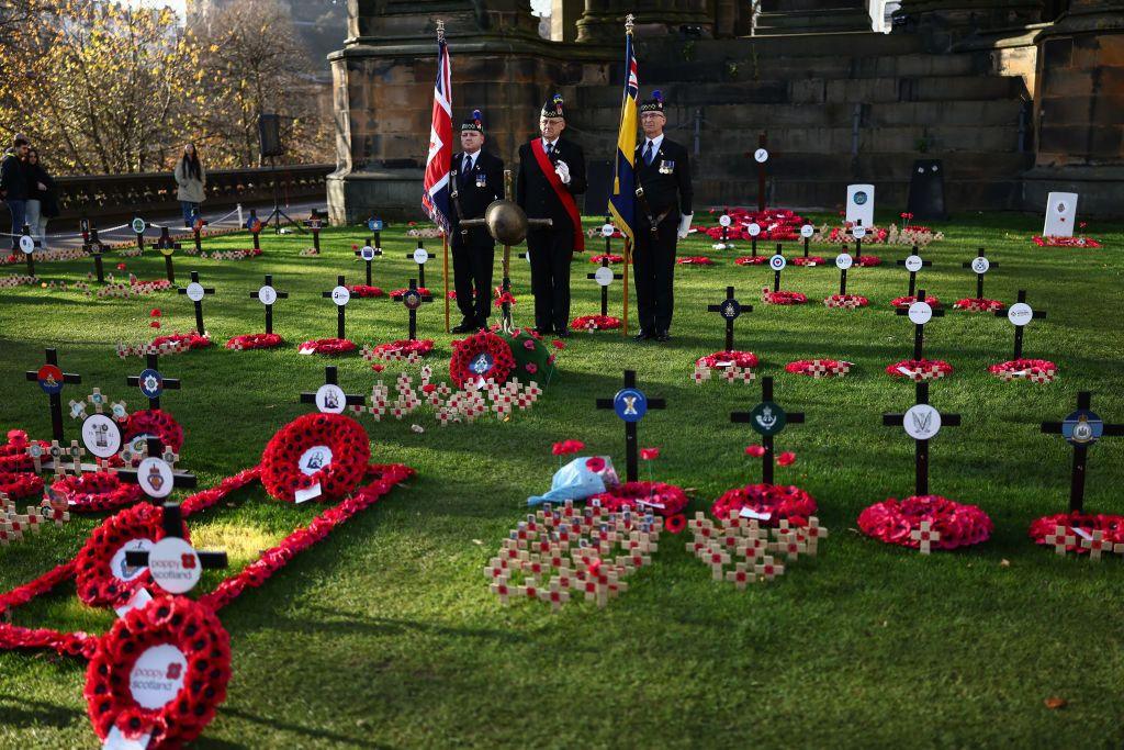 Legion Scotland deliver the short service of Remembrance to commemorate Armistice Day at the Scott Monument in Princes Street Gardens East on November 11, 2024 in Edinburgh, Scotland.