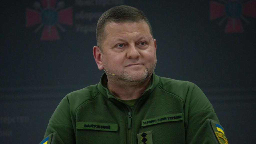 Valerii Zaluzhnyi speaks at a conference. He is wearing military fatigues and has a microphone. 