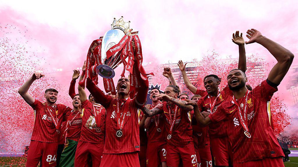 Liverpool lifting the Premier League trophy in 2025.