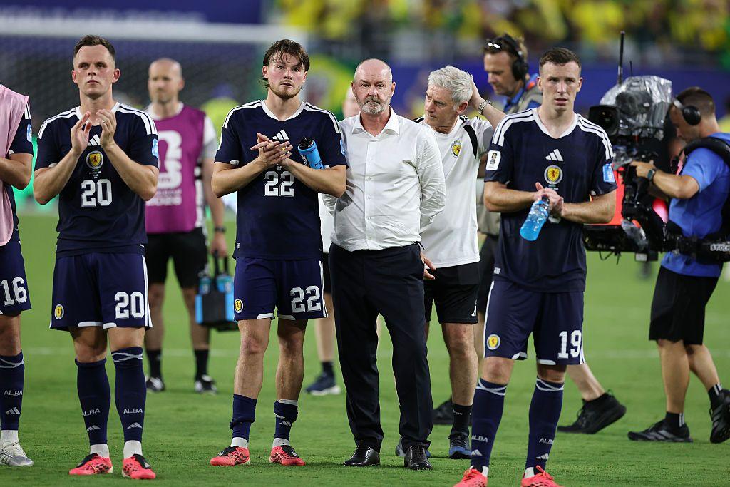 Steve Clarke, head coach of Scotland, is seen at full time after his team suffer a 0-3 defeat between Scotland and Brazil