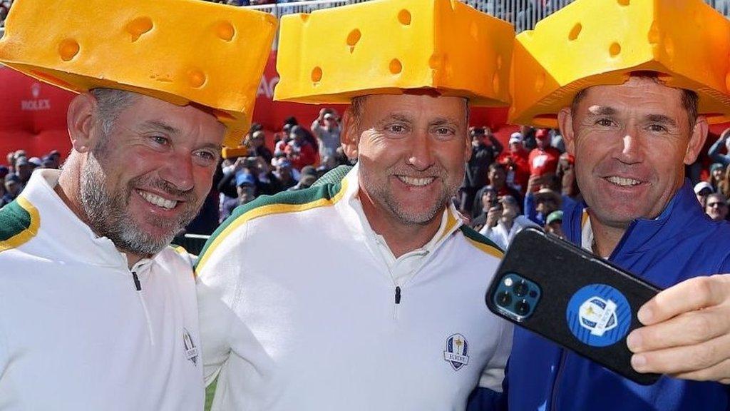 Lee Westwood, Ian Poulter and Padraig Harrington at the 2021 Ryder Cup, wearing 'cheesehead' hats