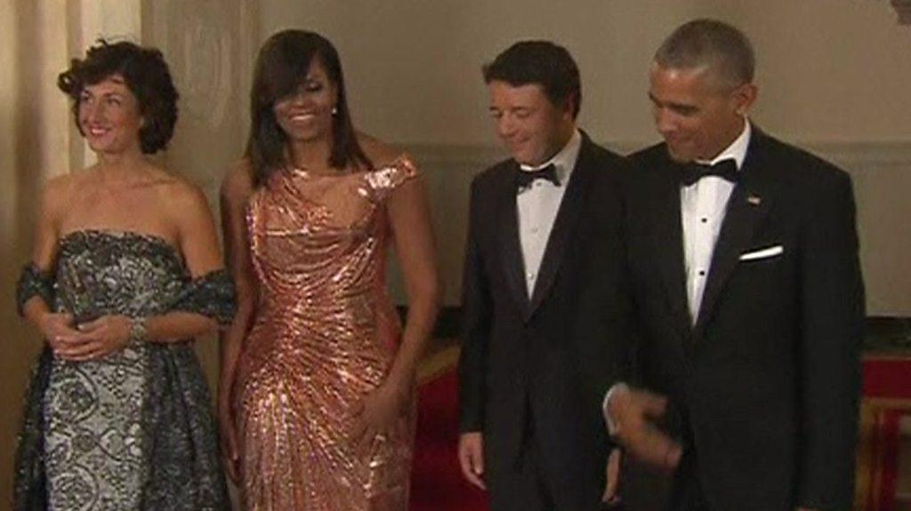 US President Barack Obama and First Lady Michelle Obama welcome Italian Prime Minister Matteo Renzi and his wife Agnese Landini