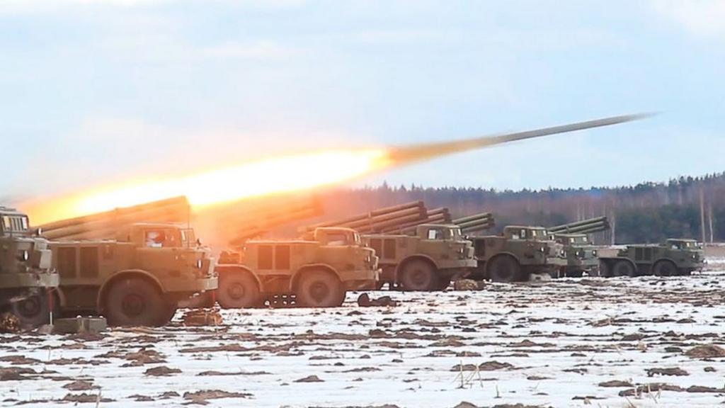 Multiple rocket launchers being fire during the Allied Resolve 2022 joint military drills by Belarusian and Russian troops