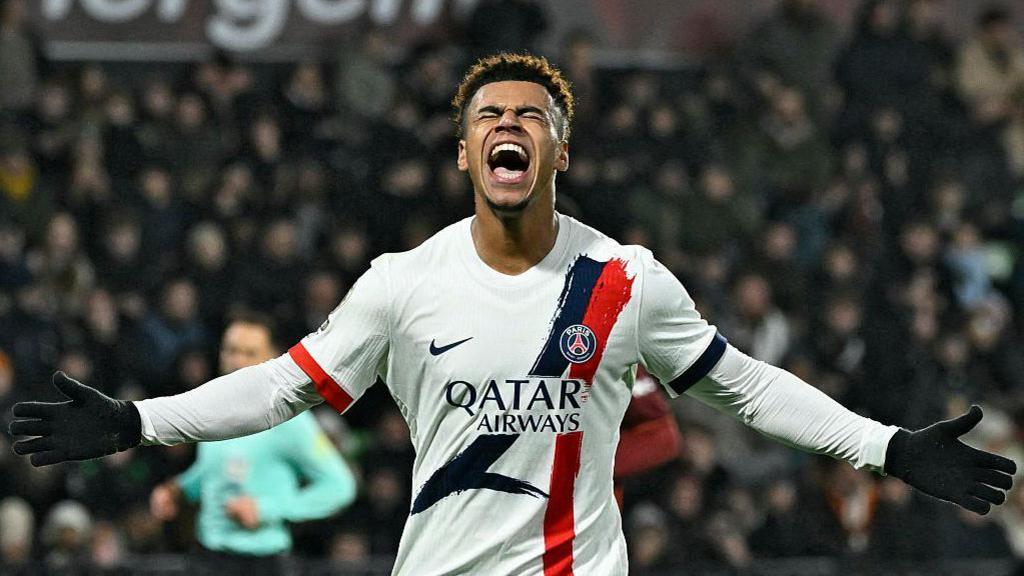 Desire Doue celebrates scoring for Paris Saint-Germain