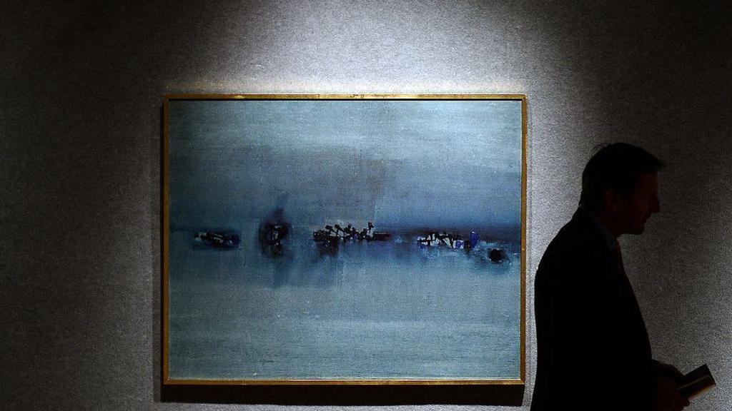 A painting by Indian artist Gaitonde is seen on display at the Bonhams auction house in New York on September 15, 2014.