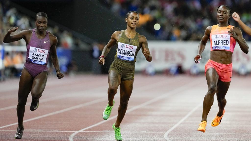 Dina Asher-Smith of United Kingdom, Sha'Carri Richardson of United States and Julien Alfred of Saint Lucia compete in the Women's 100 Metres