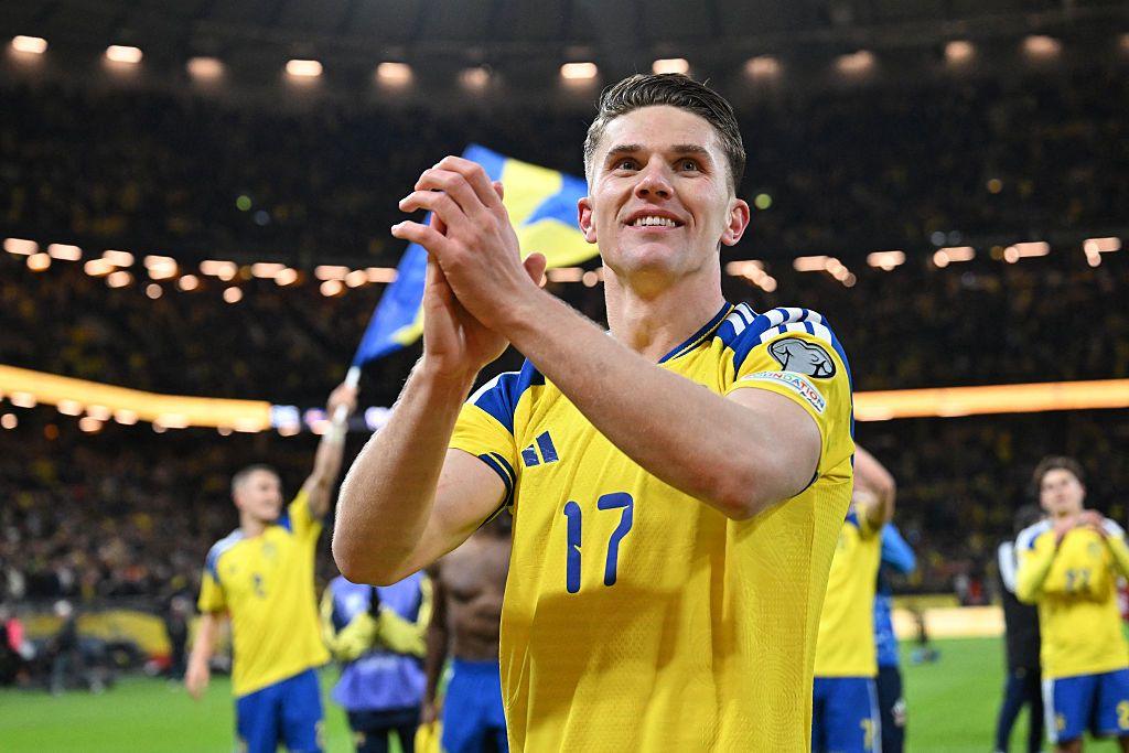 Viktor Gyokeres celebrates scoring against Poland 