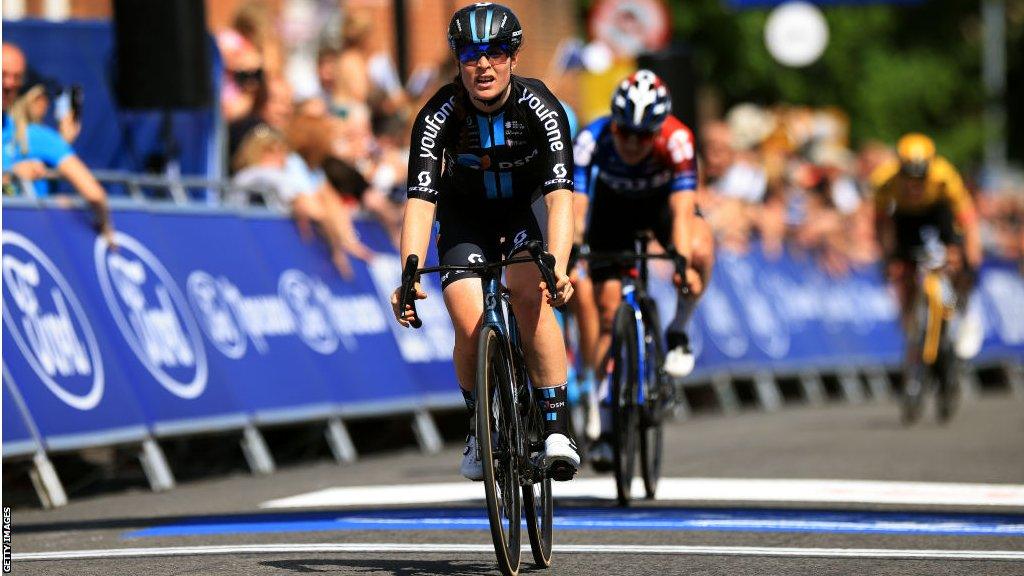 Charlotte Kool of The Netherlands and Team DSM celebrates at finish line as stage winner during the 6th RideLondon Classique