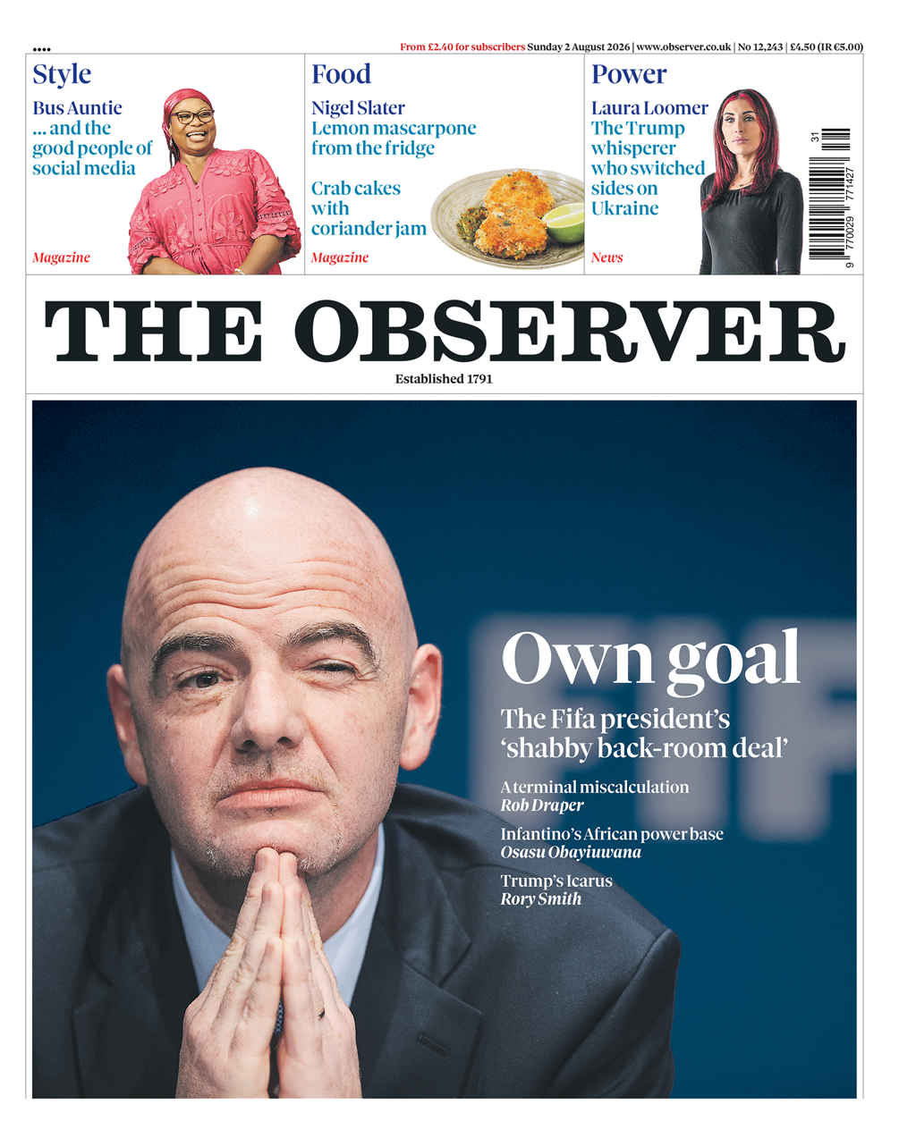 The headline on the front page of the Observer reads: "Own goal."