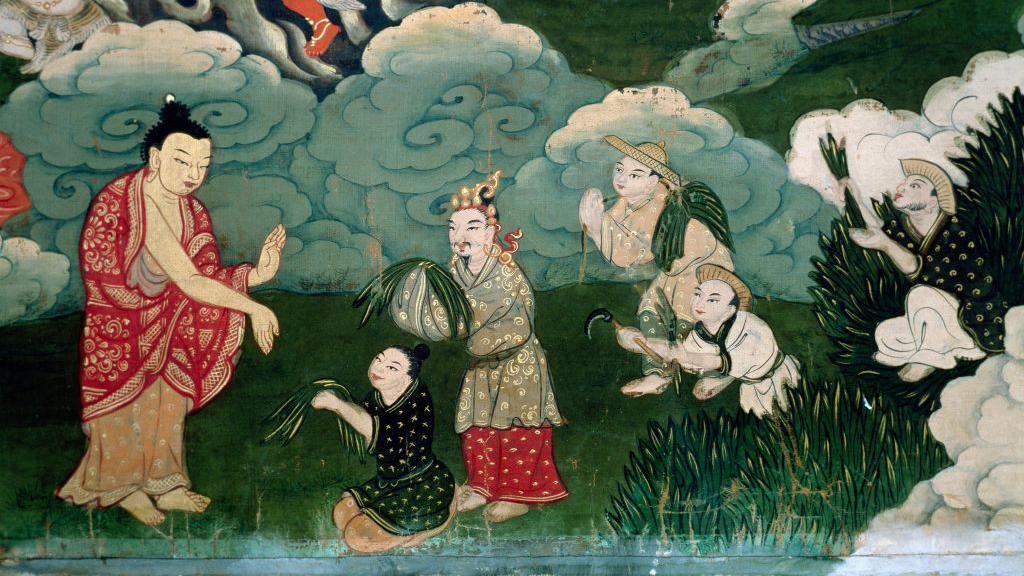 Illustrated Nepali scroll showing scenes from Buddha's life.