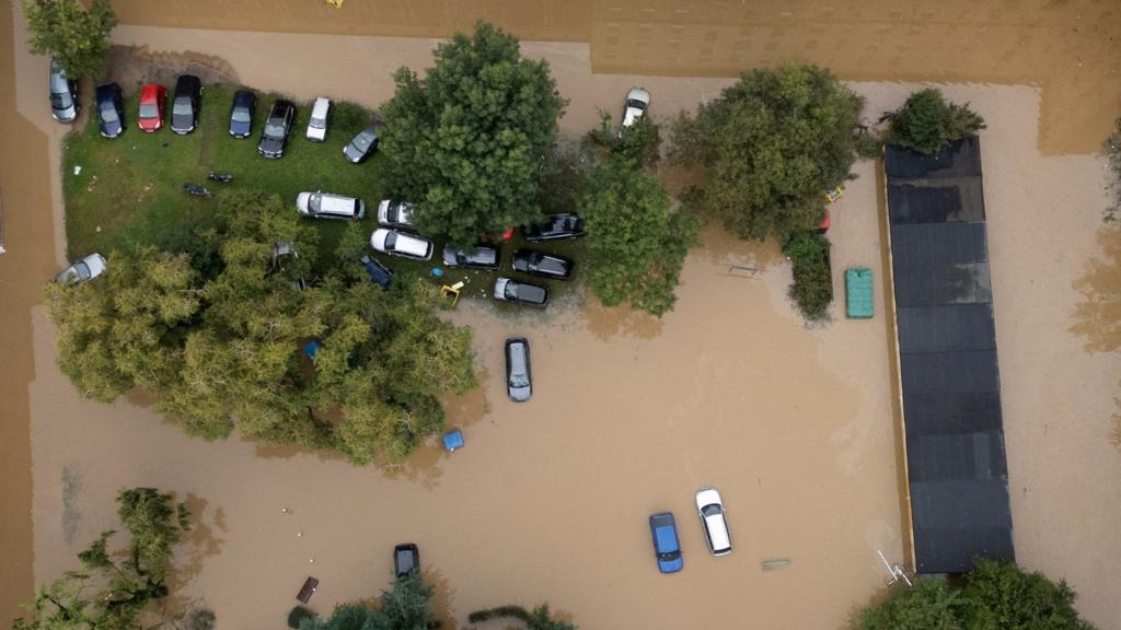 General view taken by drone of a courtyard area flooded by Nysa Klodzka river in Nysa, Poland on 16 September