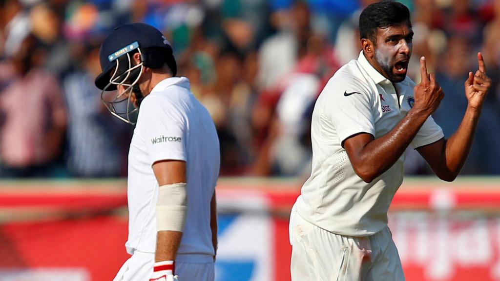 Ravichandran Ashwin of India celebrates the dismissal of England's Joe Root