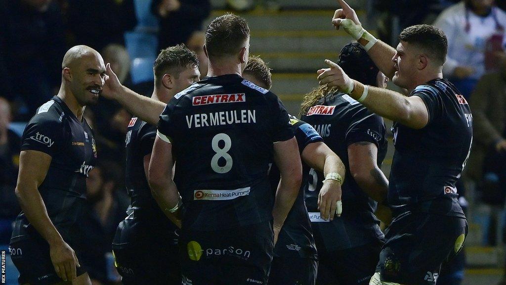 Exeter celebrate a try against London Irish