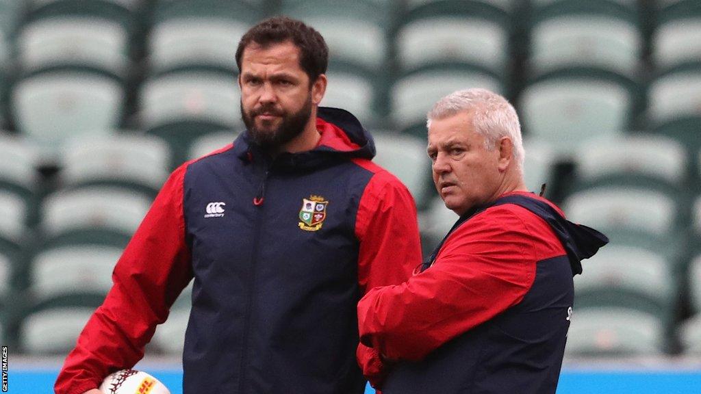 Andy Farrell and Warren Gatland during a Lions training session in 2017