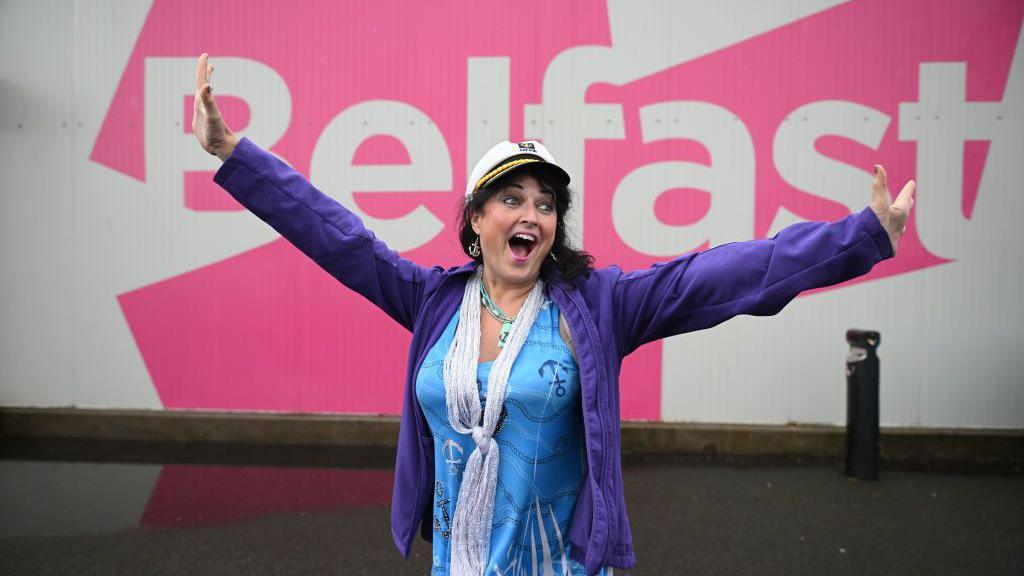  Shirene Thomas from North Carolina, USA, reacts as she arrives at the Belfast cruise ship terminal on September 30, 2024 in Belfast, Northern Ireland. 