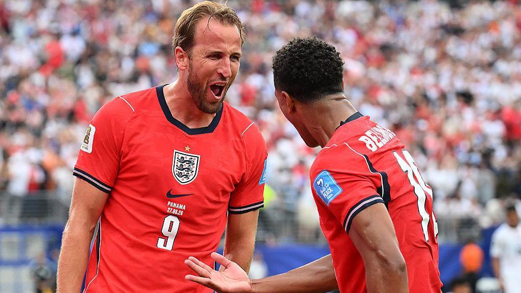 Match goal scorers Harry Kane and Jude Bellingham celebrate together at the game against Panama that ended 2-0 to England. Jude has his hand out as if to make a point and Harry is shouting in celebration