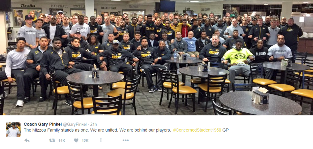 The University of Missouri's football coach posted this picture on Twitter after African-American players said they would refuse to play after a series of racial incidents on campus