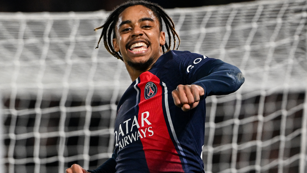 Bradley Barcola celebrates scoring Paris St-Germain's second goal against Real Sociedad in the Champions League