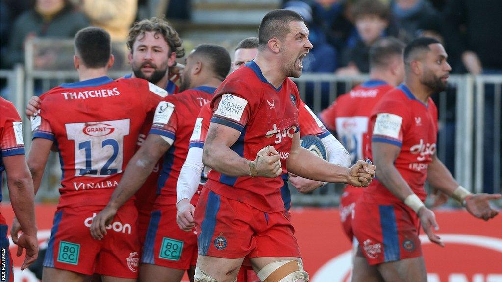 Charlie Ewels clenches his fists and shouts in celebration of Bath's win