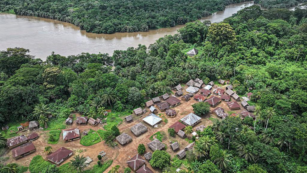 An aerial view of Tiwai Island Wildlife Sanctuary on Tiwai Island in Sierra Leone.