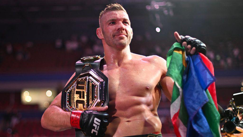 Dricus du Plessis celebrates after beating Sean Strickland at UFC 312