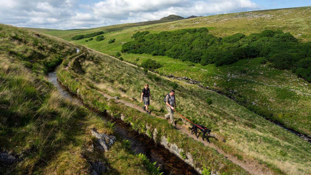 A couple walk their dog past Wistman's Wood, an ancient temperate rainforest, on June 12, 2023 on Dartmoor, England.