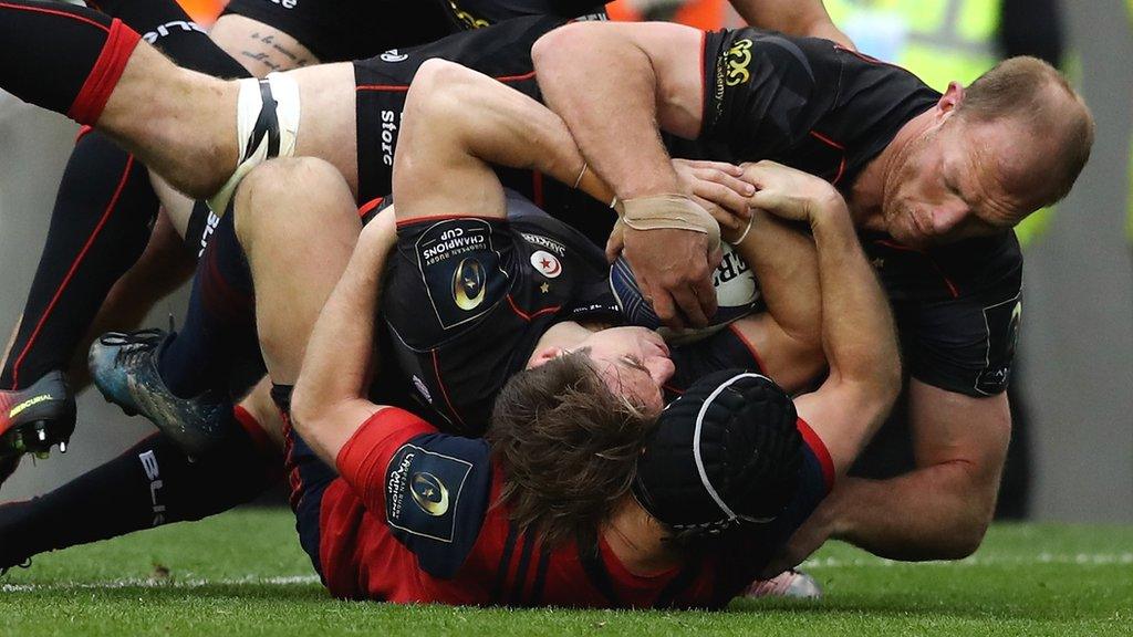 Chris Wyles bundles over for Saracens' second try