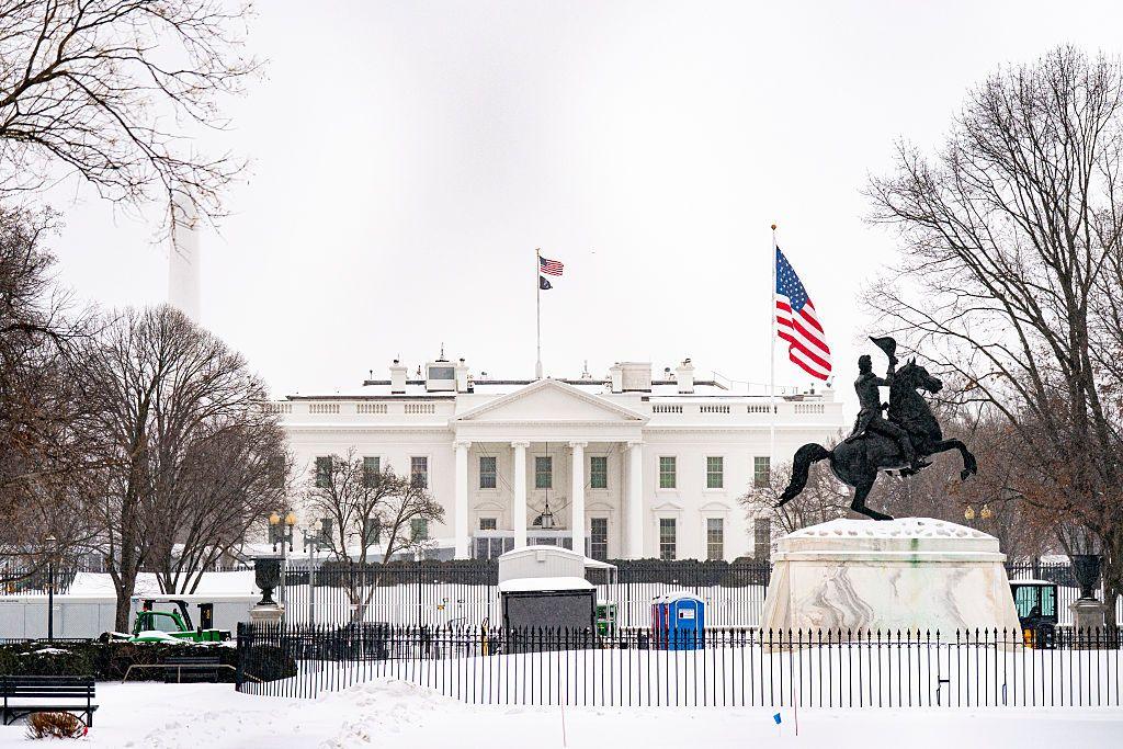 The White House surrounded by snow. 