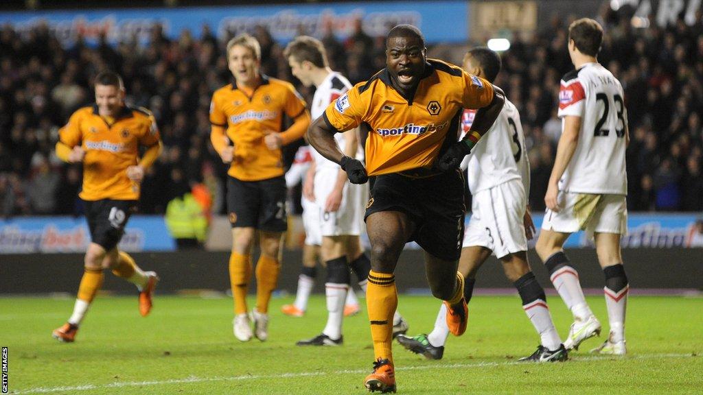 George Elokobi celebrates scoring for Wolverhampton Wanderers