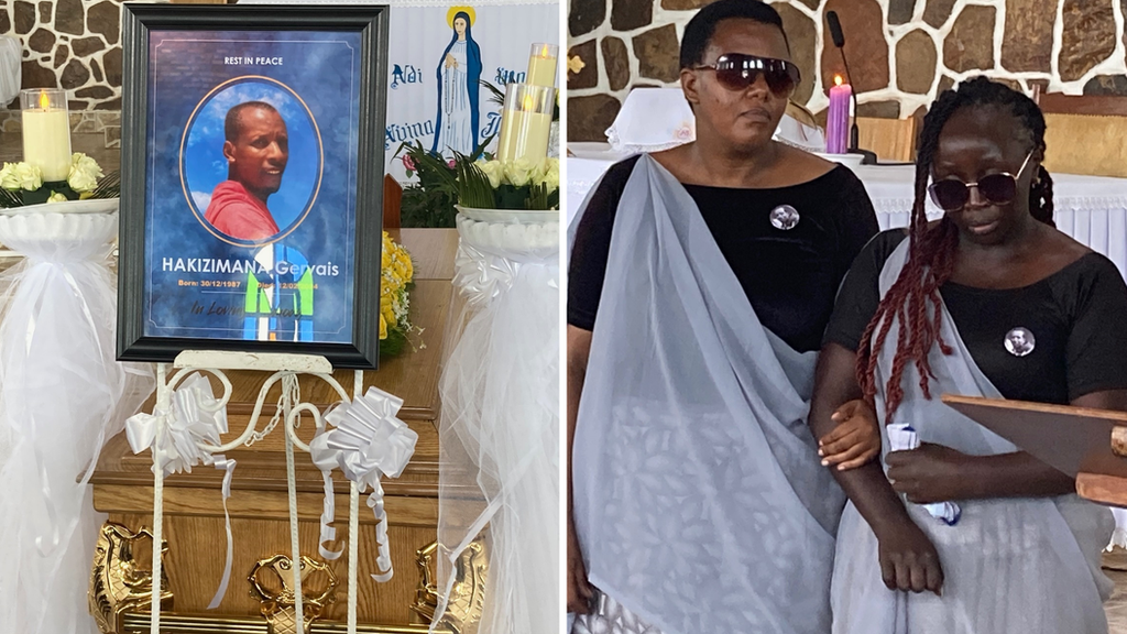 A photo of Gervais Hakizimana rests above his casket as his widow Joan Chelimo (right) grieves at his funeral ceremony