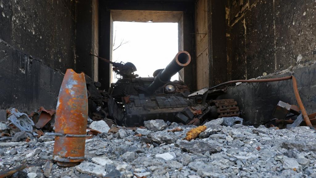 A view shows a destroyed tank during Ukraine-Russia conflict in the city of Severodonetsk in the Luhansk Region