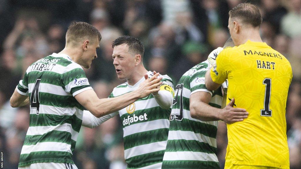 Celtic players celebrate the semi-final win over Rangers