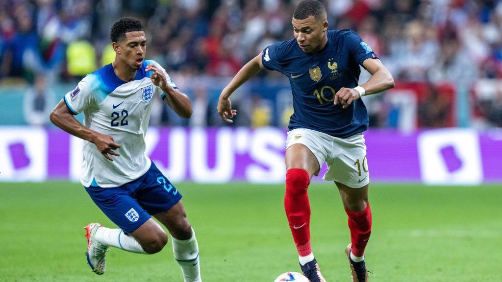 England's Jude Bellingham and France's Kylian Mbappe