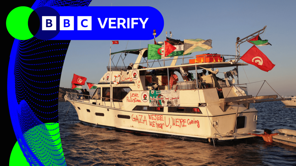 One of the ships in the flotilla which activists say is taking aid intended for Gaza
