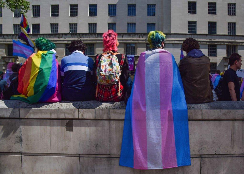 Protester with the transgender flag draped over them