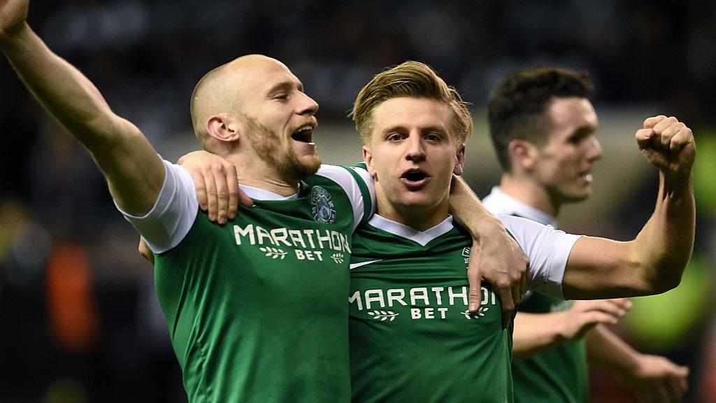 Hibs' David Gray and Jason Cummings celebrate their Scottish Cup win over Hearts in 2017