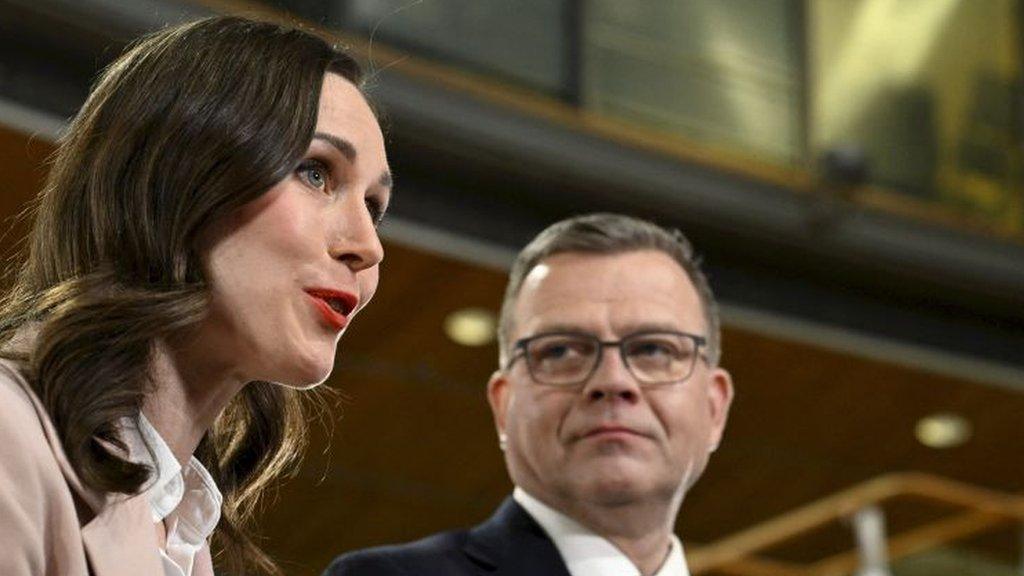 Finnish Prime Minister Sanna Marin (left) and conservative Petteri Orpo (right) at an official election event on 2 April in Helsinki