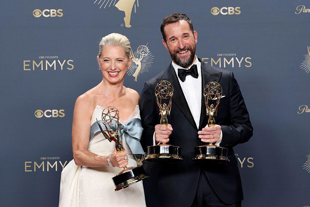 Katherine LaNasa and Noah Wyle pose with their golden trophies at the 77th Primetime Emmy Awards
