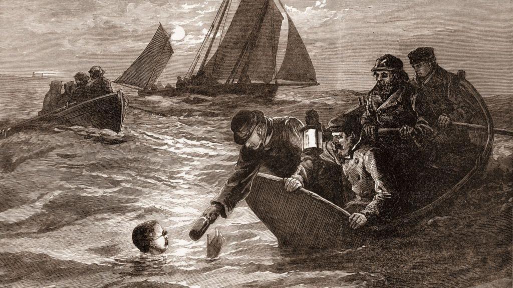 An engraving depicting Captain Matthew Webb during his swim as he accepts a thermos of coffee from a man in a boat