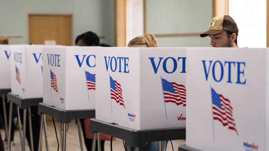 There are people at white polling boxes which have an American flag on each side as well as the word vote. 